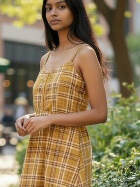 Lily Rose Mustard Plaid Spaghetti-Strap Midi Dress